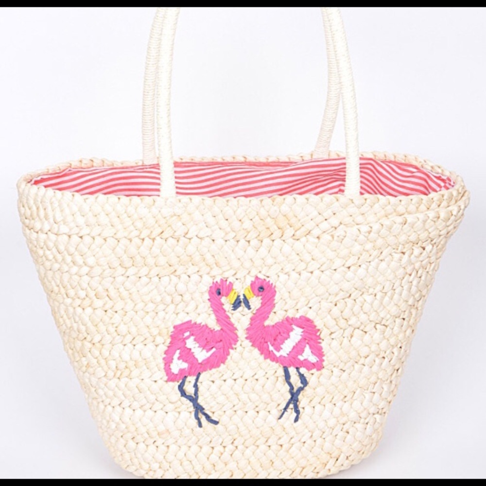Straw Tote Bag with Embroidered Flamingos.